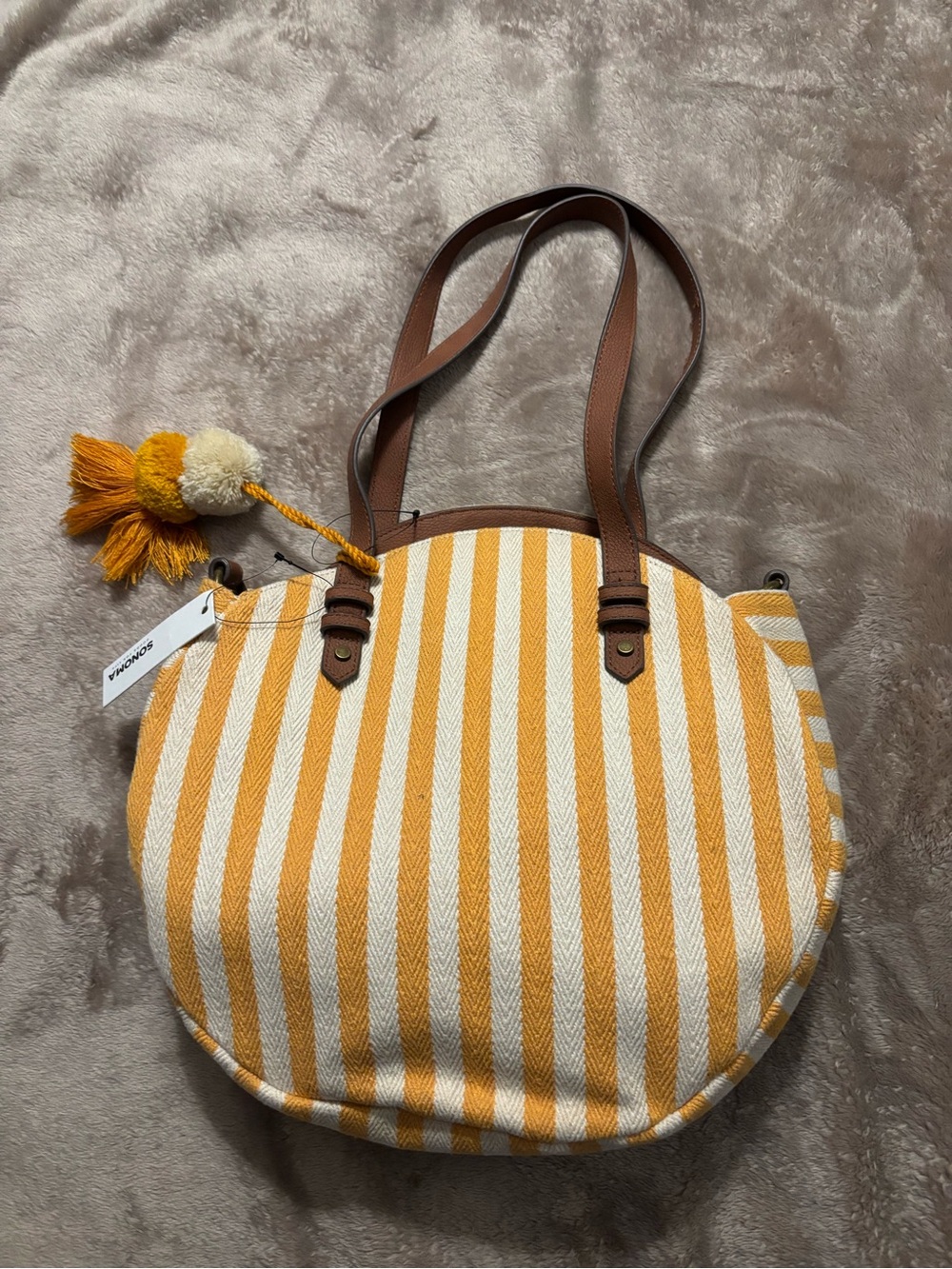 Sonoma Goods For Life Crossbody Yellow & White Striped Tote with Brown Handles
